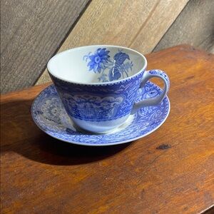 Spode Blue and White Floral Teacup and Saucer